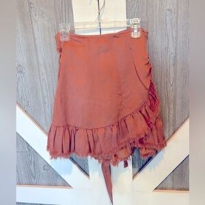 Bag105. Free People One pink satin raw distressed hem mini wrap skirt 4